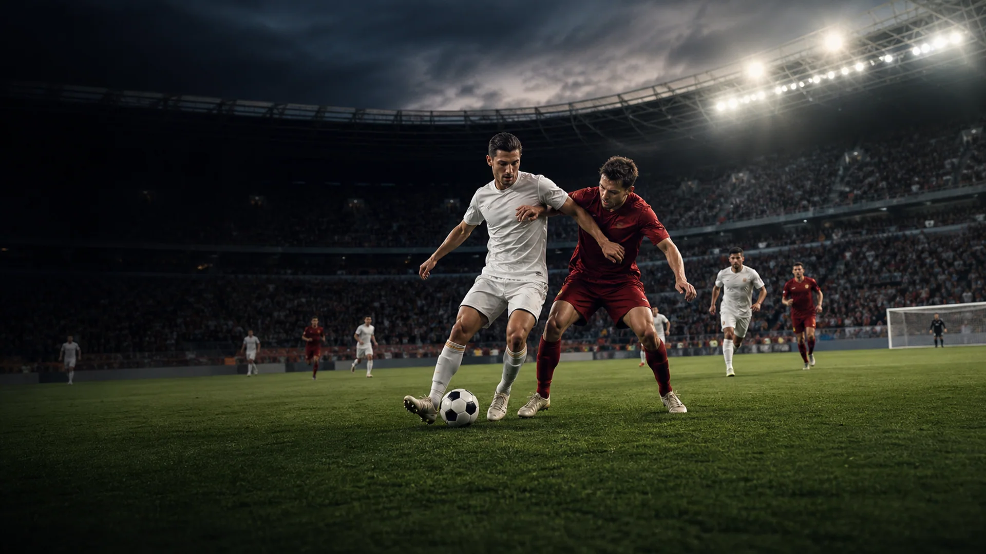 Two football players contesting the ball during a stadium match.